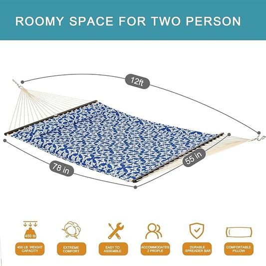 Lazy Daze Hammocks 12FT Quilted Fabric Hammock with Soft Pillow, Double 2 Person Tree Hammock with Spreader Bar for Outside Patio Poolside Backyard Beach, 450lbs Capacity