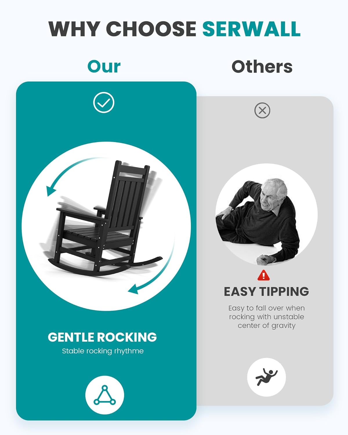 SERWALL Oversized Outdoor Rocking Chair Set of 4, HDPE Rocker for Adults, Patio Rocking Chairs for Porch, Black