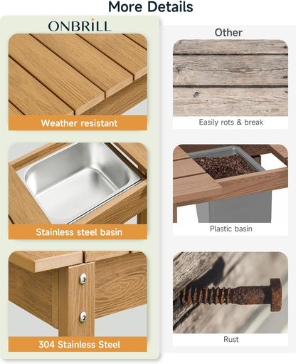 HDPS Outdoor Potting Bench with Sliding Tabletop/ 4 Wheels/Removable Sink, All-Weather Outside Garden Work Table, No Rust/Fade/Break, Potting Station for Porch, Patio & Backyard (Teak)