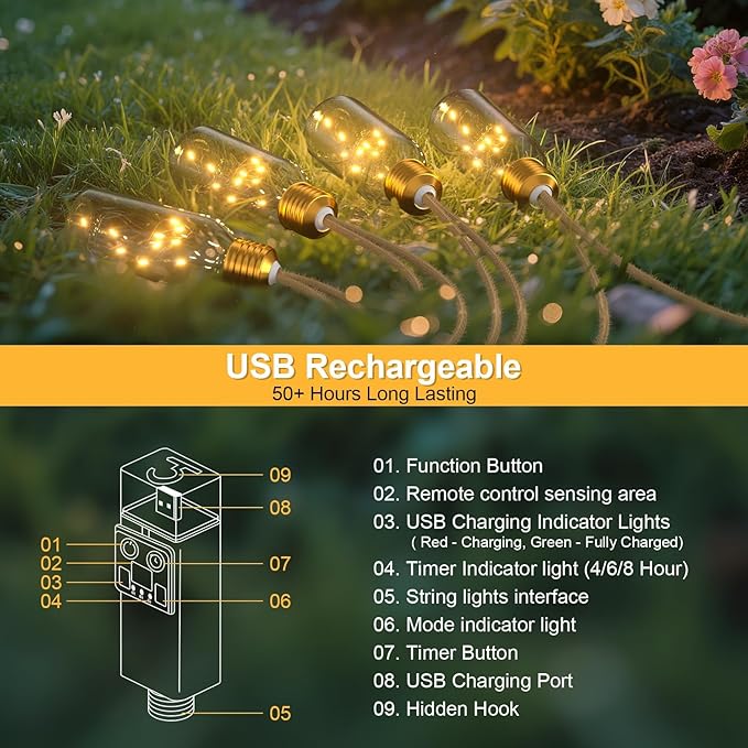 SoulBay LED String Lights with Remote, 19.7 FT Outdoor Waterproof USB Rechargeable Rope Lights, Timer Function for Patio, Camping, Indoor Yard, Christmas Decor