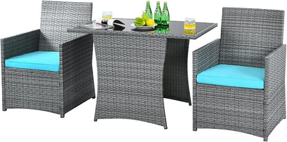 HAPPYGRILL 3-Pieces Outdoor Wicker Bistro Set Space-Saving PE Rattan Dining Table Set with Cushioned Chairs, Patio Conversation Set for Backyard Porch Garden and Poolside