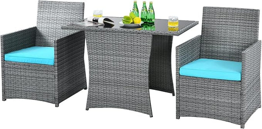 HAPPYGRILL 3-Pieces Outdoor Wicker Bistro Set Space-Saving PE Rattan Dining Table Set with Cushioned Chairs, Patio Conversation Set for Backyard Porch Garden and Poolside