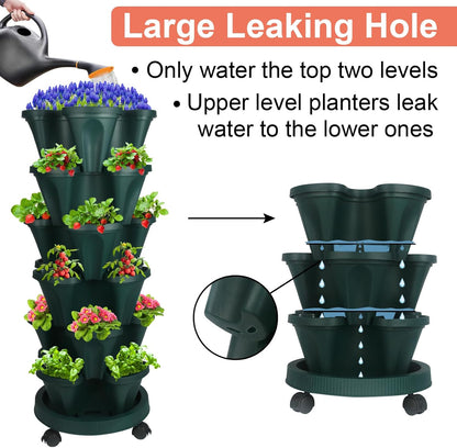 DUNCHATY Stackable Planter, Vertical Garden Planter with Wheels and Tools, Self Watering Strawberry Planter Indoor/Outdoor 6 Tier Herb Planter Pots for Growing Vegetables and Succulents,Pine Green