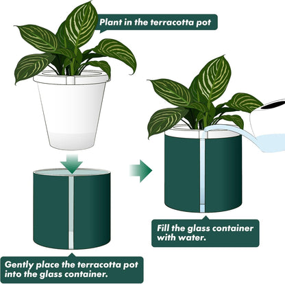 D'vine Dev 10 Inch Design Self Watering Planter for Indoor Plants, White Terracotta Pot with Teal Cylinder Glass Cup, 37-X-D-5