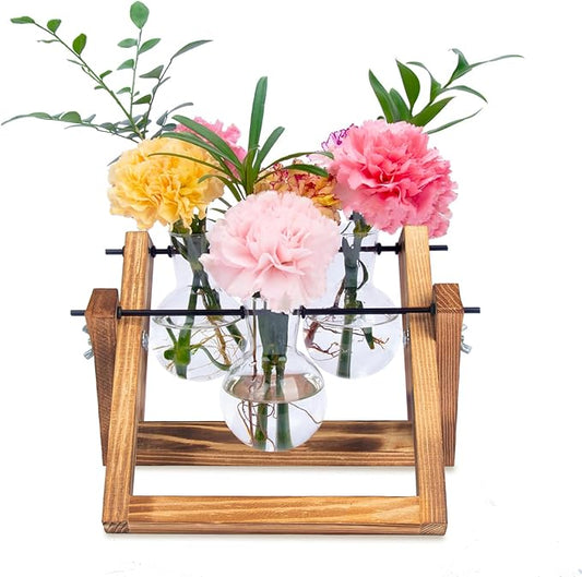 Plant Propagation Station Traveler's Glass Tabletop Planter with Vintage Wooden Stand 3 Bulb Vase for Hydroponic Plants Indoor Office Desktop Home Decor, Plant Stand (3 Bulbs)