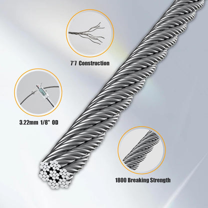 100F 1/8" Stainless Steel Cable,Wire Rope with Cutter 7x7 Strands,1800 lb Breaking Strength, T316 Aircraft Cable for Deck Railing, Stair, Fence, Silver