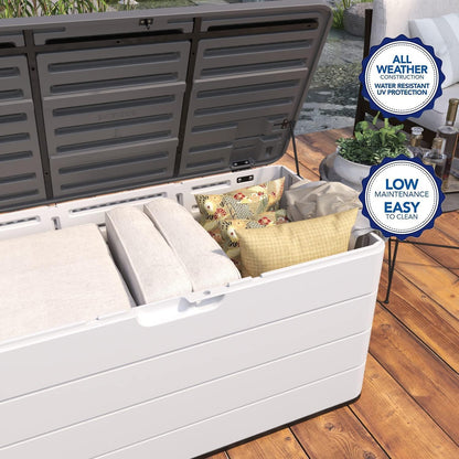 Heavy-Duty 100 Gallon Outdoor Storage Box - Waterproof Deck Box & Large Storage Bin for Patio/Pool, All-Weather Resin Chest with Lock, UV-Resistant, Alpine White