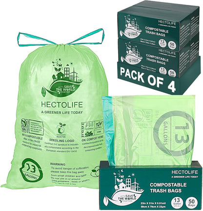 13 Gallon,200 Count, Compostable Trash Bags with Drawstring,Tear Resistant Kitchen Food Scrap Waste Bag, ASTM D6400, US BPI and Europe OK Compost Home Certified