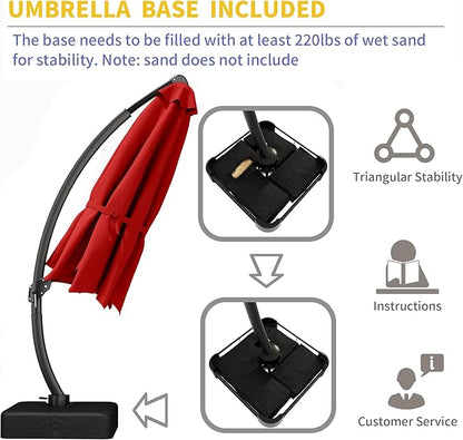 Kingdura 12ft Cantilever Patio Umbrella with Base Included, Large Round Offset Outdoor Pool Umbrella, 360° Rotation & Infinite Tilt, Heavy Duty Aluminum Frame for Deck Backyard, Red