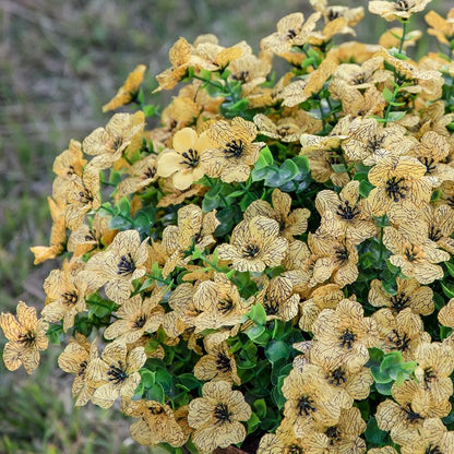 Artificial Fall Flowers Faux Mums for Outdoor Indoor Garden Home Decoration, Faux Flower Daisy with Eucalyptus Leaves Fake Plants Greenery Boxwood Porch Patio, 12 Bundles (Yellow)