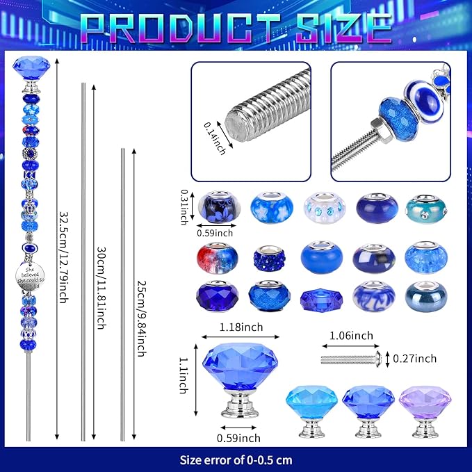DIY Fairy Wand Garden Beads Stakes Wands Kit,Multiple Color Scheme European Beads Crystal Diamond Tops and 12 or 10 Inch Threaded Rods,Stainless Steel Stakes with Diamond Toppe(Purple+Aqua+Sapphire)