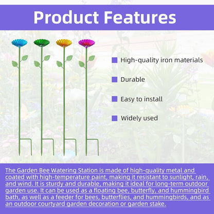 4 pcs Metal Colorful Flower Design Butterfly Feeders Bowl Bee Watering Station with 20 Colorful Glass Marbl for Outdoor Patio Garden Decoration (Red,Green,Blue,Yellow)