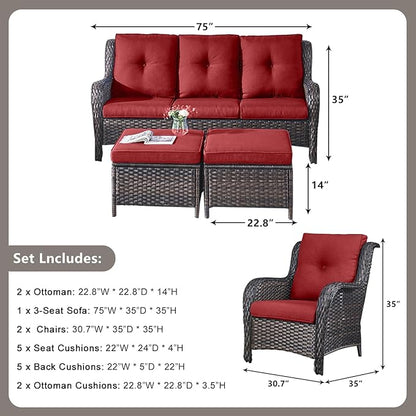 Rilyson Outdoor Patio Wicker Furniture Set - 5 Piece Rattan Patio Conversation Sectional Sofa Set with 1 Couch,2 Armchairs,2 Ottomans for Porch Deck Garden(Brown/Red)