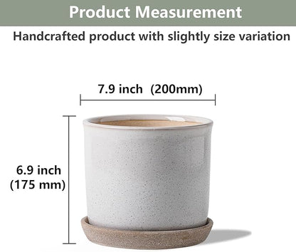 8 Inch Plant Pot: Ceramic Planter with Drainage Hole & Saucer - Cylinder Round Flowerpot for Indoor & Outdoor Plants - with Separate Tray for Home & Office - Retro Style, Grey
