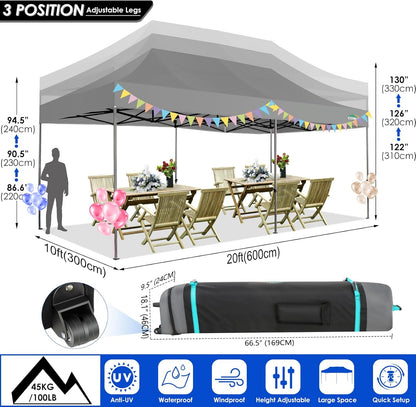 COBIZI 10x20 Heavy Duty Pop up Canopy Tent Easy Up Commercial Outdoor Canopy Wedding Party Tents for Parties All Season Wind & Waterproof Gazebo with Roller Bag,Grey(Frame Thickened)