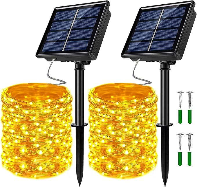 2 Pack Solar Powered Fairy String Lights Outdoor Waterproof 8 Modes Twinkle Christmas Decorations Lights, Each 33ft-100LED, 40ft-120LED, 66ft-200LED, 80ft-240LED, (Warm White, 33)