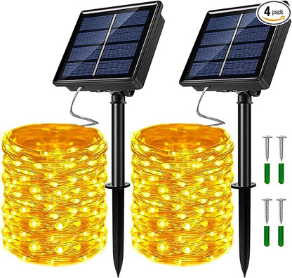 2 Pack Solar Powered Fairy String Lights Outdoor Waterproof 8 Modes Twinkle Christmas Decorations Lights, Each 33ft-100LED, 40ft-120LED, 66ft-200LED, 80ft-240LED, (Warm White, 66)