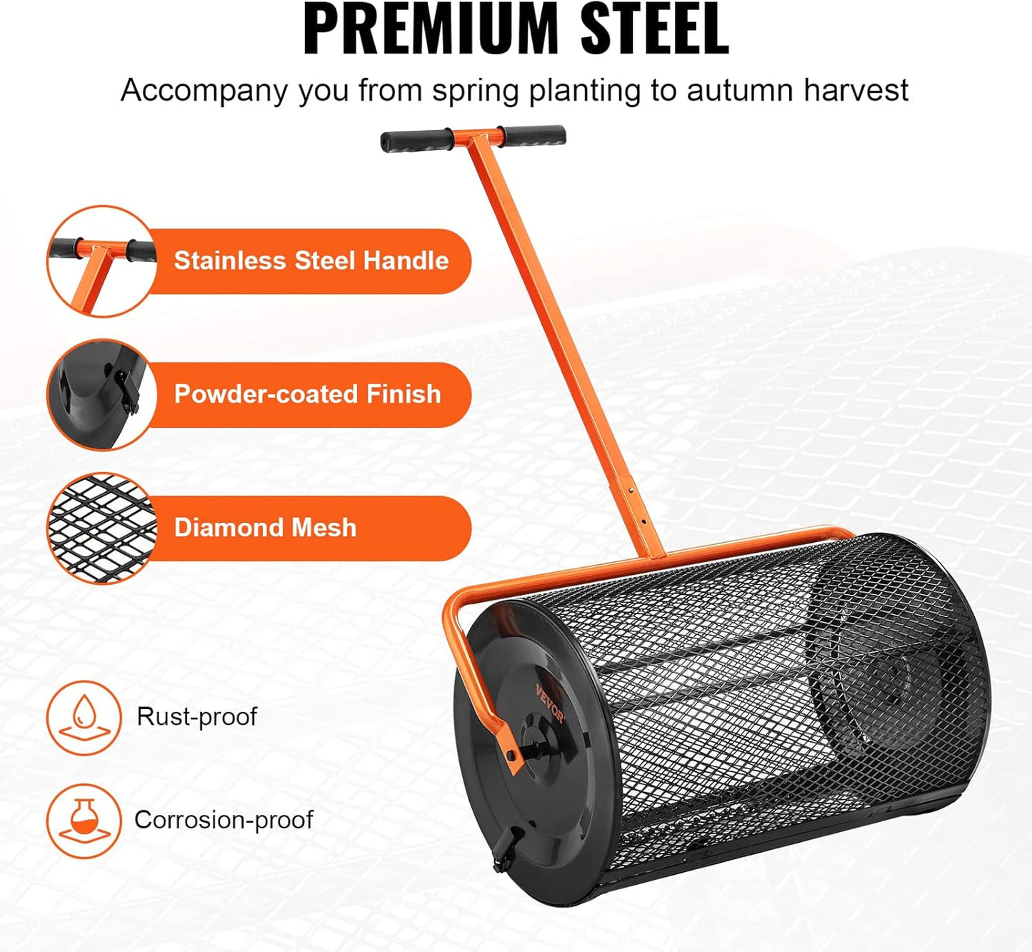 VEVOR Compost Spreader, 24.4-25.6" Height Adjustable Handle, 24" Wide, Lawn and Garden Peat Moss Roller with Side Latches, Powder Coated Steel Mesh Basket for Spreading Manure, Topsoil, Black