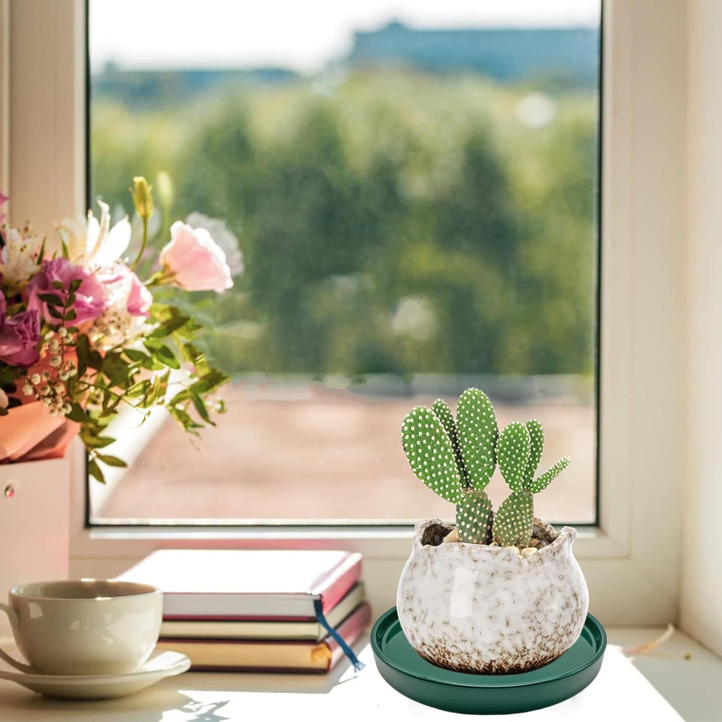 2 Pack Ceramic Plant Saucer Pot Tray 7 Inch, Planter Saucers 4 5 6 7 8 9 10 11 12 13 Inch for Indoors Outdoor, Durable Sturdy Flower Drainage drip Water Tray for Glazed Pots Base (7 Inch-Green)