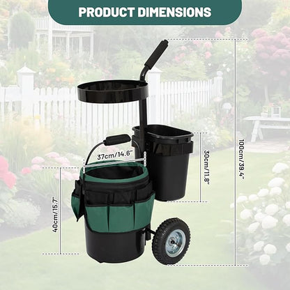 biosp Garden Carts, Heavy Duty Rolling Lawn Yard Mobile Gardening Trolley, Wheeled Outdoor Metal Utility Beach Wagon with 5 Gallon Bucket Oxford Bag Tool Organizer Storage