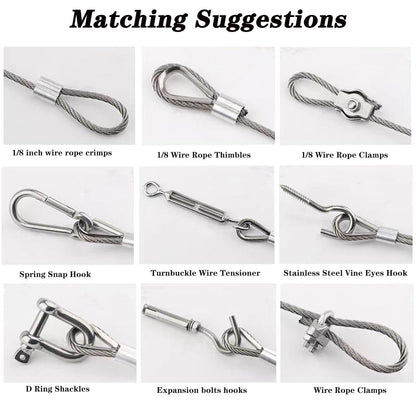 1/8" Stainless Steel Cable,100ft Wire Rope Kit Turnbuckles for Cables Wire, 7x7 Strand Core 3/32" Overmolded to 1/8" Metal Cable for Outdoor Hanging Kit,Garden Fence,Decor, Plant Hanger