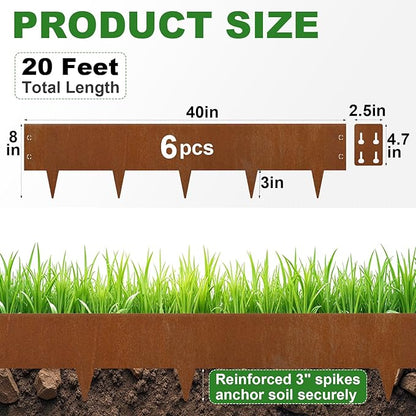 Heavy-Duty Cor-Ten Steel Landscape Edging (8" H x 40" L) - 6-Pack (20 Ft Total) | Pre-Rusted, Weatherproof Garden Border | Hammer-in, No Dig, Bendable Design for Lawns, Flower Beds & Trees