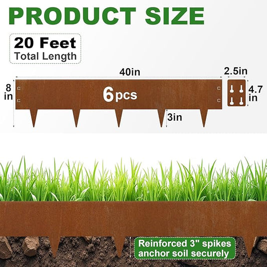 Heavy-Duty Cor-Ten Steel Landscape Edging (8" H x 40" L) - 6-Pack (20 Ft Total) | Pre-Rusted, Weatherproof Garden Border | Hammer-in, No Dig, Bendable Design for Lawns, Flower Beds & Trees