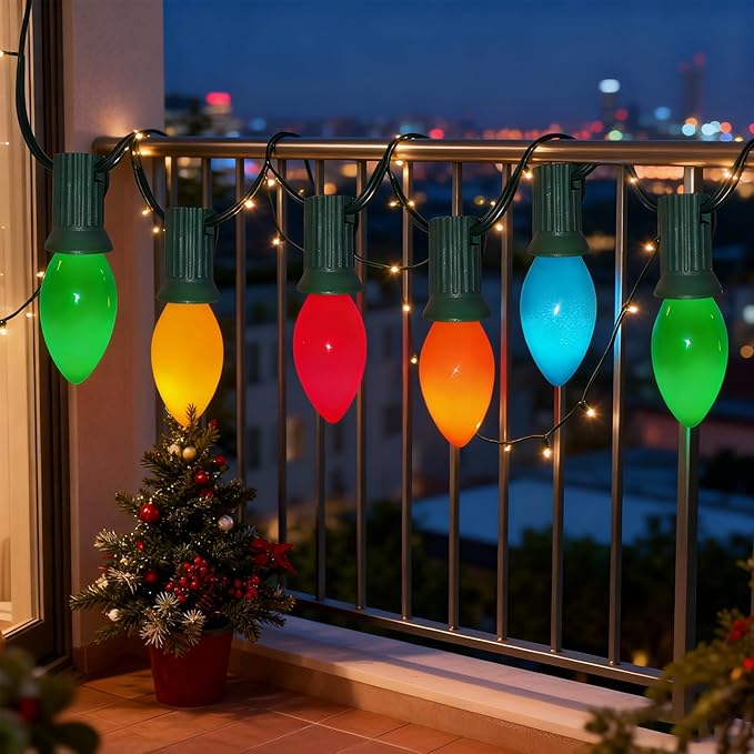 C7 Christmas Lights Outdoor 25Ft Vintage Christmas String Lights with 25 Ceramic Multicolor Incandescent Bulbs, Connectable Xmas String Light for Patio Garden Holiday Party Roofline Decorations