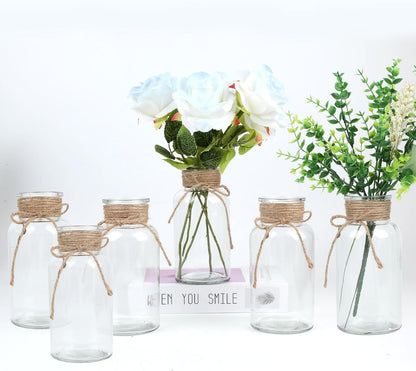 Vintage Glass Flower Vase，6 Pack FarmhouseTransparent White Glass Centerpiece Vases Mason Jars for Weddings, Parties & Home Decor Bulk (6, Transparent)
