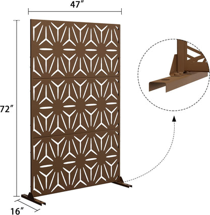 Metal Privacy Screen Outdoor 72" H×47" W,Freestanding Decorative Privacy Screen for Balcony Yard&Garden,Privacy Fence-Brown&Star