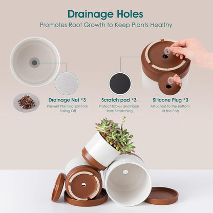 vancasso Ceramic Plant Pots, 3 Piece Planters for Indoor Plants, 4.25+5.25+6.25 Inch Flower Pots with Drainage, Plant Pots Indoor for Succulent, Pothos, Snake Plant and Money Tree, Etc (Khaki)