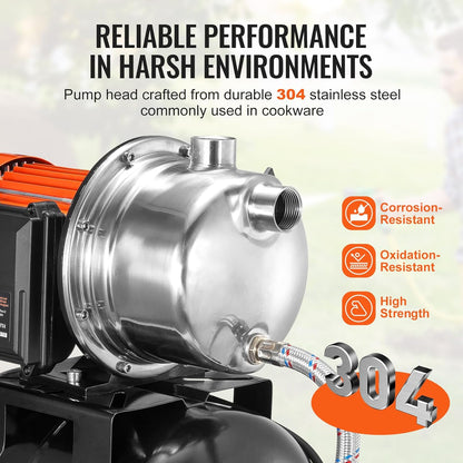 VEVOR 1.6 HP Shallow Well Pump With Pressure Tank, 1320 GPH, Automatic Irrigation Water Booster, 5-Gal Tank 30/50 PSI Switch, Stainless Steel Head for Home Garden Lawn