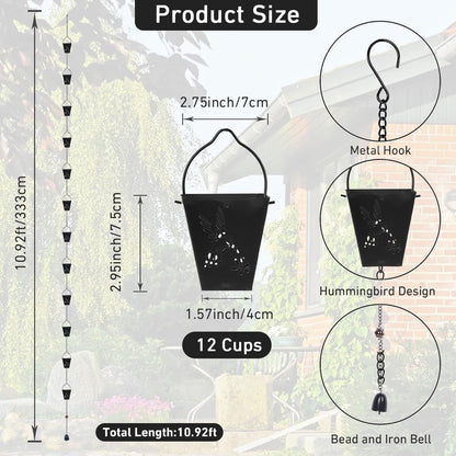 10.92 FT Black Rain Chain, Square Rain Chain for Outside with 12 Cups Adjustable Metal Chain Rain Catcher Chain for Gutters, Eaves, Drainage, Replacement for Downpout