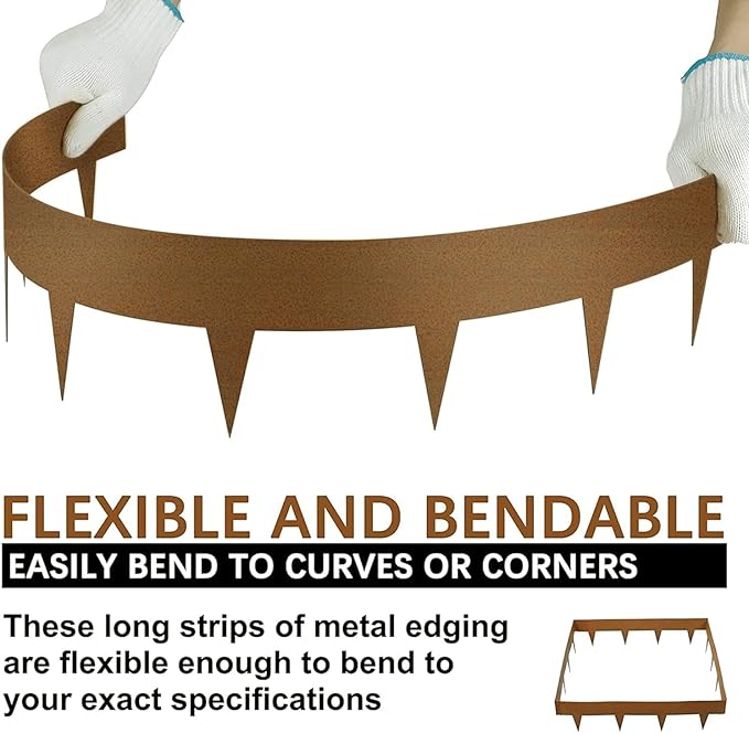 Worth Garden 10-Pack Corten Steel Landscape Lawn Edging - 5in H. (2.5" Above Ground + 2.5" Spikes) Rust Patina Bendable Metal Strips - Hammer-in Border w/ 11 Clips - Yard Pathway Divider (33Ft Total)