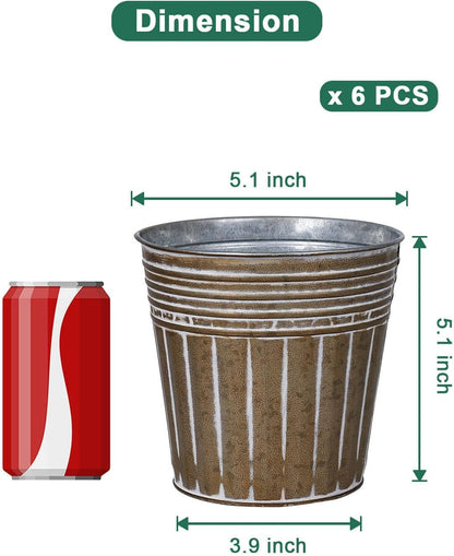 vensovo 5 Inch Brown Metal Rustic Flower Pots - 6Pcs Small Galvanized Planters with Drainage Hole and Rubber Plug, Rustproof Metal Bucket Plant Pots Farmhouse Vintage Style for Decor