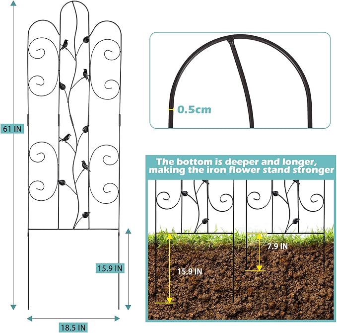 Metal Garden Trellis for Climbing Plants & Roses 61''x 18.5" Plants Support Rustproof Sturdy Leaves Garden Trellis for Vegetables Trellis for Potted Plants Pack of 2 - Black