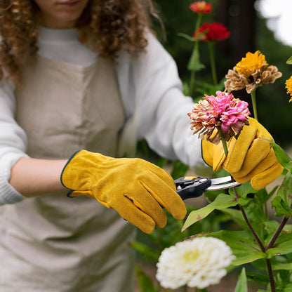 OZERO 5 Pairs Leather Work Gloves Flex Grip Tough Cowhide Gardening Glove for Wood Cutting/Construction/Truck Driving/Garden/Yard Working for Men and Women (Gold,Small)