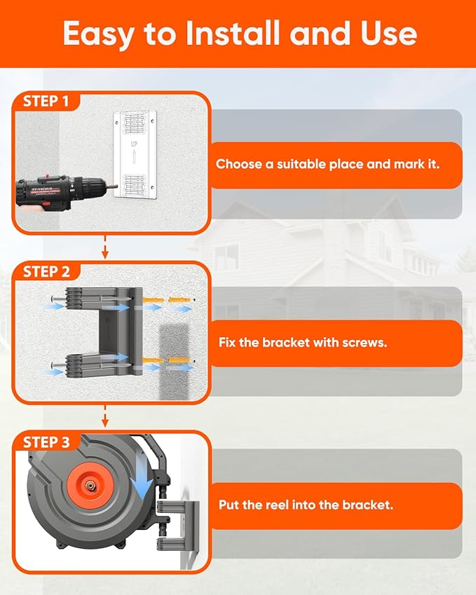 Retractable Garden Hose Reel 30m x 1/2" Any Length Lock 9 Pattern Nozzle 180° Swivel Wall Mounted Self Winding UV Resistant Heavy Duty Garden Outside Watering