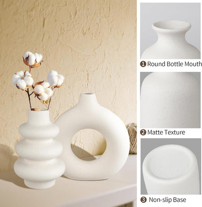 Ceramic Vase Set of 3, Small Flower Vase for Home Decor, Decorative Vases for Pampas Grass & Dried Flowers, Living Room, Bedroom, Bathroom, Shelf Centerpiece Table Decorations