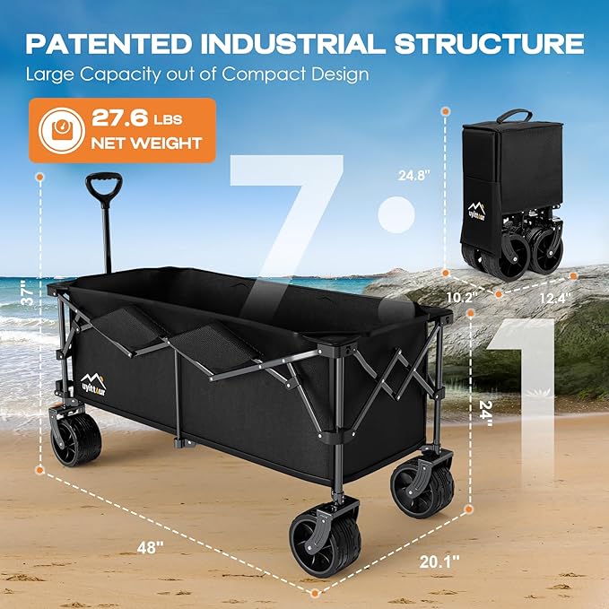 300L Extra Large Collapsible Foldable Wagon, 440lbs Load Capacity 48''L Extended Heavy Duty Folding Beach Wagon with Big All-Terrain Wheels, Utility Garden Cart for Outdoor Activities, Black