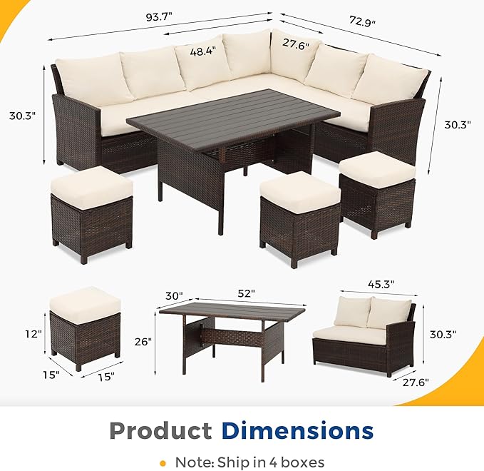 Wisteria Lane Patio Furniture Set, 7 Piece High Curved Back Outdoor Dining Sectional Sofa with Dining Table and Chair, All Weather Wicker Conversation Set with Ottoman, Ivory