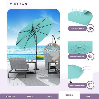 Midtown Umbrellas Sunbrella Umbrella 10 Feet Large Outdoor Umbrella With Sunbrella Aruba Acrylic Fabric - Auto-Tilt Aluminum Frame Large Patio Umbrella For Backyard, Deck, Garden, Pool - Black Pole