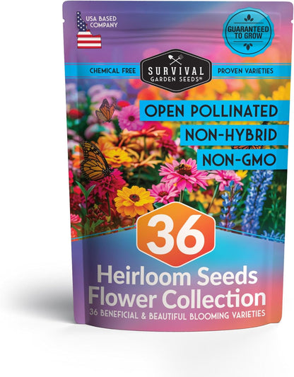 Survival Garden Seeds Functional Flower Garden Kit | 36 Pack Seed Starter Collection | Bee, Butterfly, Hummingbird, Pollinator-Friendly Blooms | Non-GMO Heirloom Beneficial Flowers & Wildflowers
