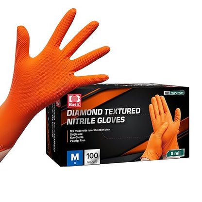 Jointown Basic Heavy Duty Nitrile Gloves, Mechanic Gloves 8 Mil Nitrile Disposable, with Raised Diamond Texture, Case of 100, Orange, Medium