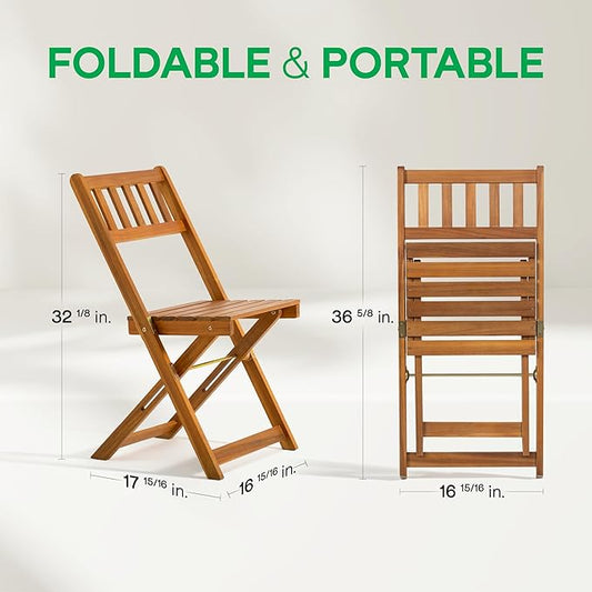 IDZO Serene Bistro Set – 2-Piece Foldable Acacia Wood Chairs with Cushions, FSC-Certified Durable Construction, Space-Saving Outdoor Seating for Balcony, Garden, Patio, or Porch