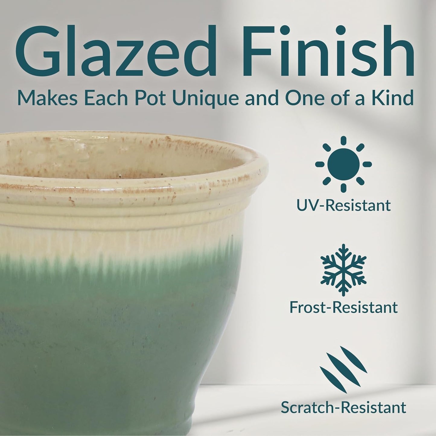 Sunnydaze Studio Large Ceramic Plant Pot - Round Outdoor Glazed Ceramic Planter Pot with Drainage - Seafoam - 14.5"