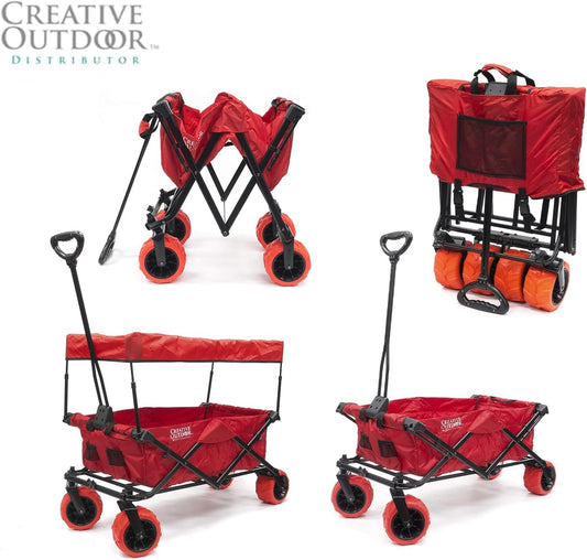 Creative Outdoor Push Pull Stroller Wagon for Kids, 150lbs Weight Capacity, All-Terrain Collapsible Folding Cart with Canopy for Cargo, Beach, Park, Garden, Camping & Tailgate