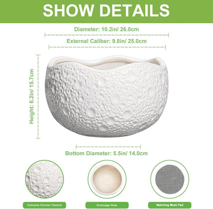 10 Inch Plant Pot - Ceramic Planter for Indoor Outdoor, Round Bonsai Pots, Decorative Flower Pots with Drainage Hole, Modern Unique Planters, House Decor, Home Gifts, White