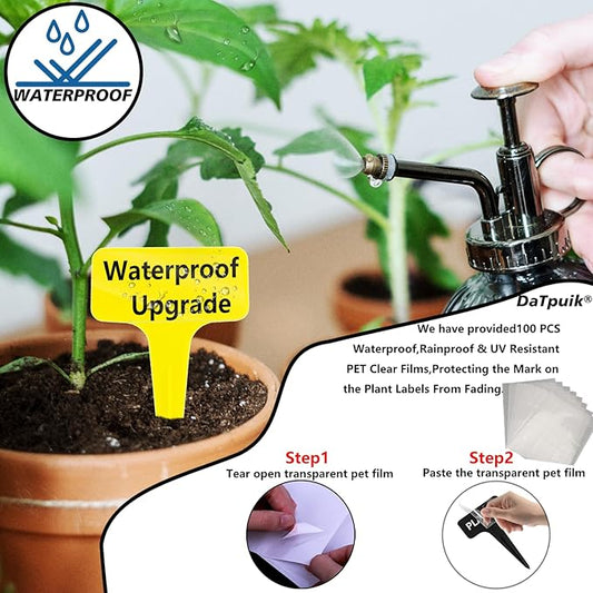 100 Pcs Yellow Thick Plastic Plant Labels Markers Tags Garden Re-Usable T-Type Sign with Marking Pen