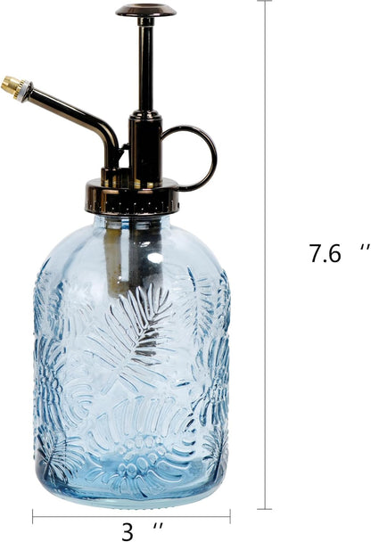 11.8 Ounce Glass Plant Spray Bottle, Glass Leaf Print One Handed Watering Can with Antique Brass Plastic One Handed Top Pump, 7.6 Inch Tall Indoor and Outdoor Plant Small Spray Bottle (Blue)